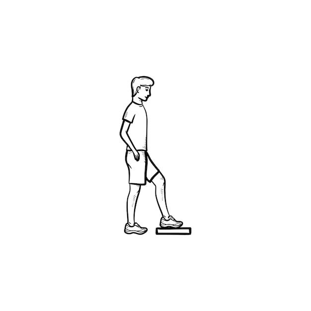Homem fazendo aeróbica passo ícone de esboço desenhado de mão. atividade, treino cardio de fitness, conceito de exercícios de ginásio. ilustração de desenho vetorial para impressão, web, mobile e infográficos em fundo branco.