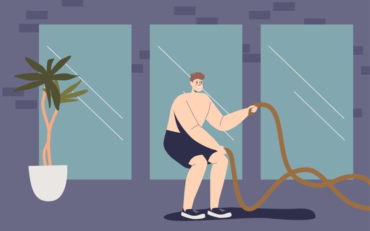 Vetor homem fazendo exercícios de crossfit com corda jovem atleta masculino treinando na academia treino de fisiculturista