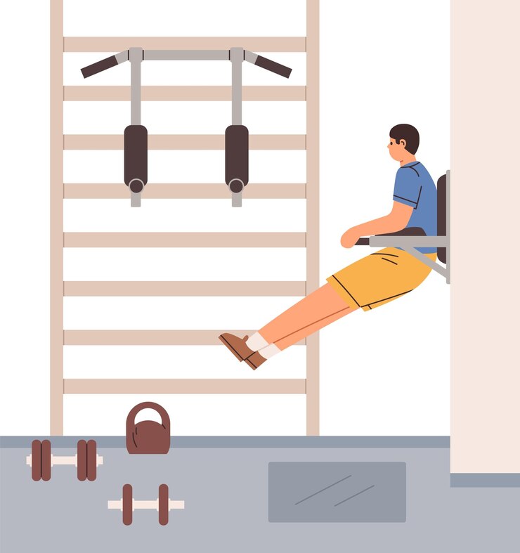 Vetor homem fazendo flexões verticais para abdominais na máquina de elevação de perna suspensa. pessoa treinando músculos abdominais na estrutura de treino roman chair no ginásio. cara malhando na estação de trabalho. ilustração em vetor plana.