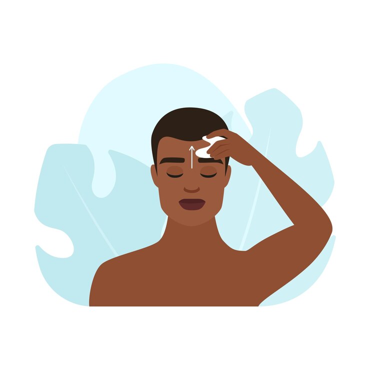 Vetor homem fazendo massagem na testa ao longo da linha com flecha usando gua sha
