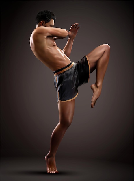 Homem fazendo muay thai joelho voador