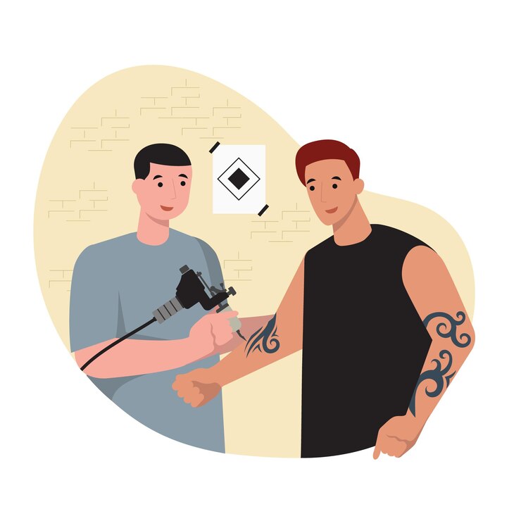 Vetor homem fazendo tatuagem no braço no salão de tatuagem processo de trabalho dos artistas de tatuagem