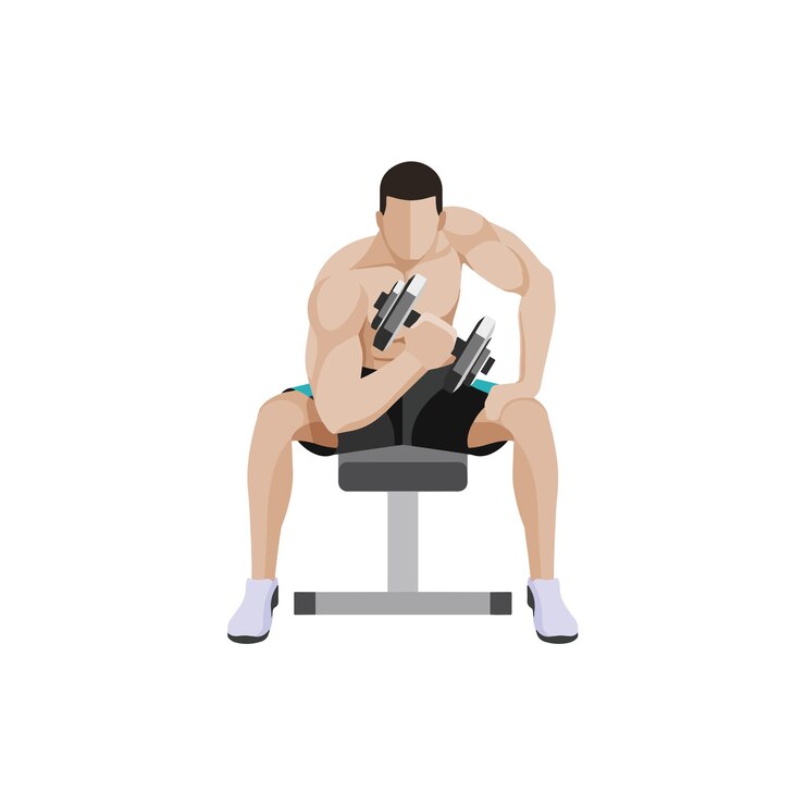 Vetor homem fazendo um exercício de curl sentado com halteres