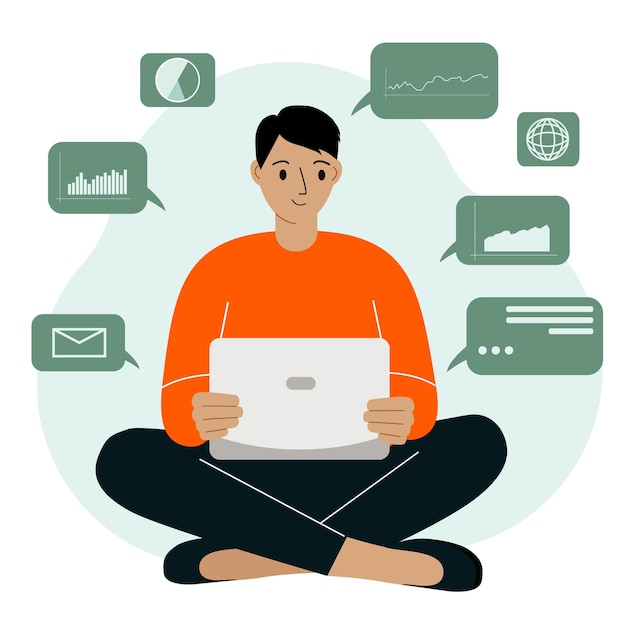Homem feliz, analisando dados em seu laptop e sentado de pernas cruzadas. Conceito de ciência de dados. Gráficos e tabelas de negócios.