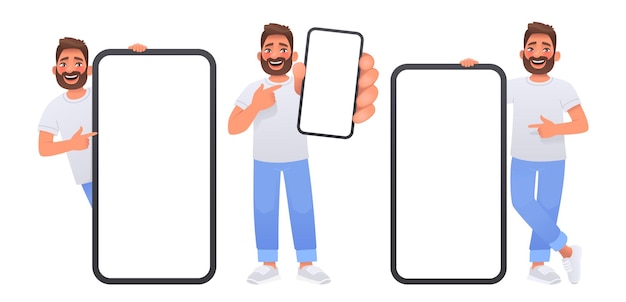 Homem feliz aponta para a tela de um enorme smartphone publicidade de um aplicativo móvel ou serviços