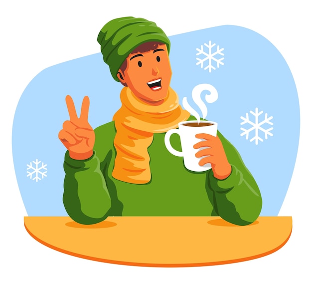 Homem feliz com uma chávena de bebida quente no inverno