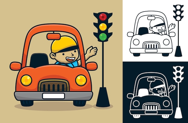 Homem feliz dirigindo o carro no semáforo. ilustração de desenho vetorial no estilo de ícone plano