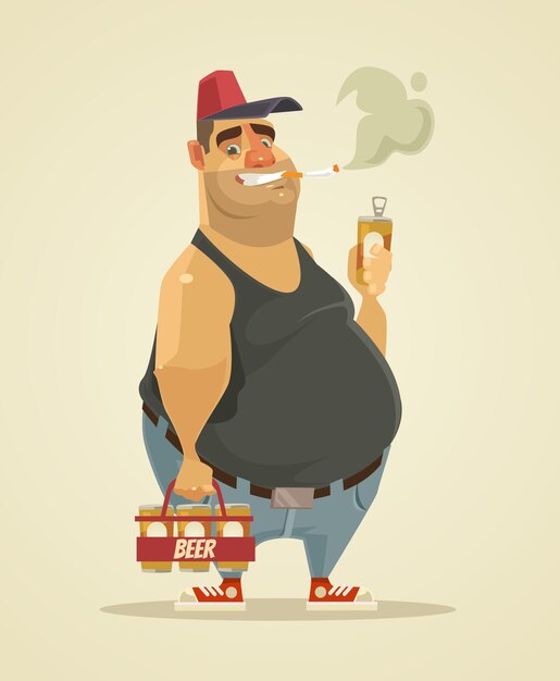 Vetor homem feliz e sorridente, fumando cigarro e bebendo cerveja.