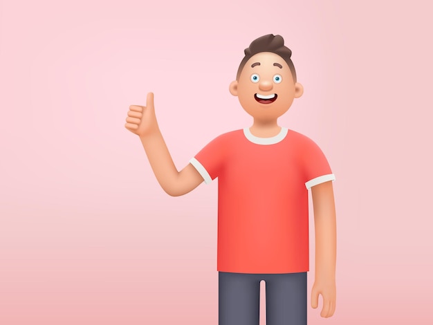Vetor homem feliz mostra um gesto legal personagem alegre mostrando o polegar para cima 3d