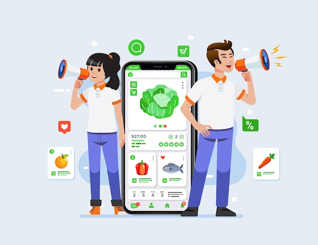 Homem feliz mulher segurando megafone gritando alto chama clientes anunciando aplicativo de comércio eletrônico de vegetais Conceito de publicidade de promoção