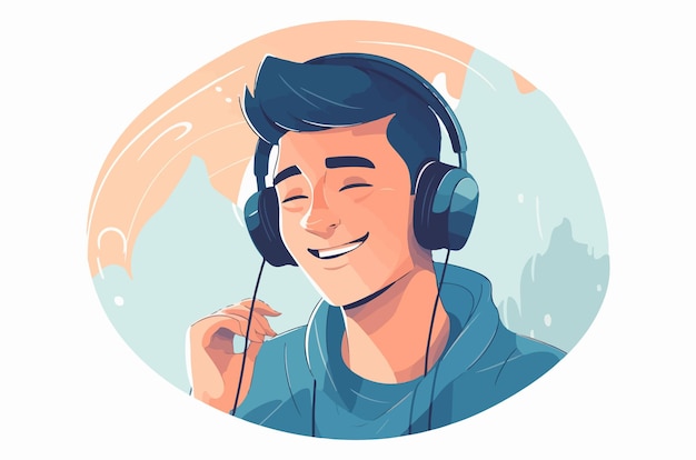 Vetor homem feliz ouvindo música em fones de ouvido ilustração em vetor