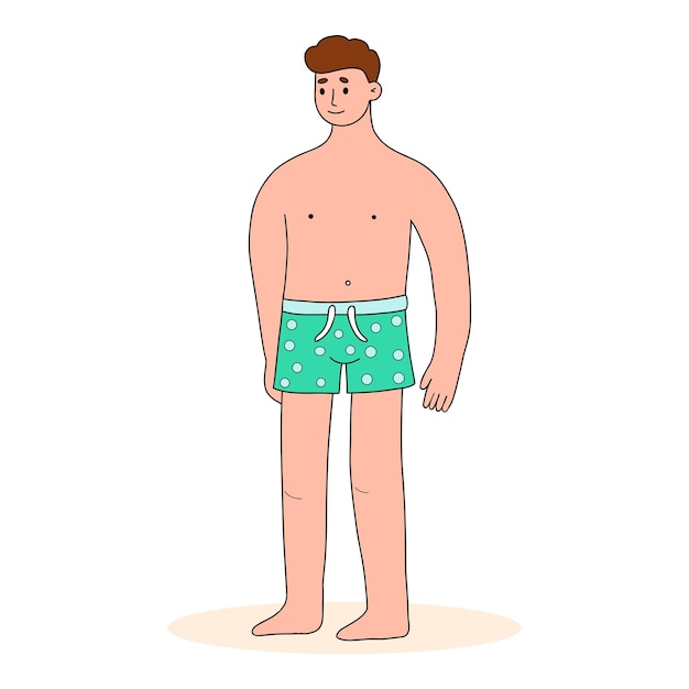 Homem feliz Praia em calções de banho Caracter masculino Praia Horário verão Desenho à mão de cor