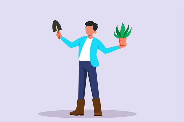 Vetor homem feliz se preocupando com vasos de plantas interiores jardinagem em casa e conceito de plantas domésticas em crescimento ilustração vetorial plana colorida isolada