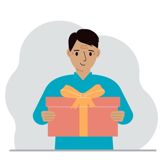 Homem feliz segura uma grande caixa de presente com um laço nas mãos Ilustração plana vetorial
