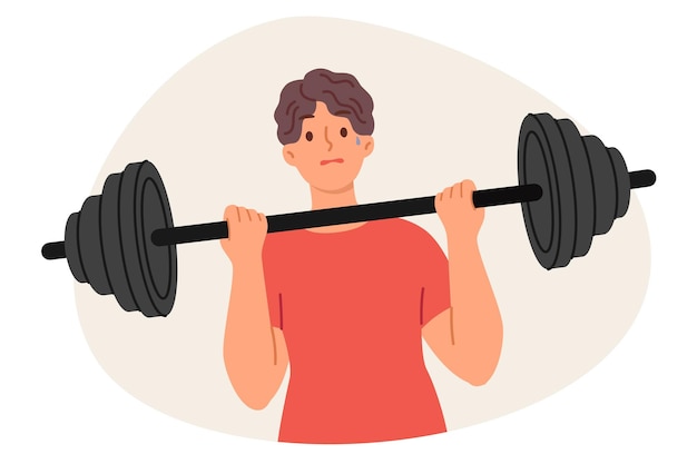Homem fraco está fazendo fitness tentando levantar barra para bombear músculos grandes e melhorar a imunidade