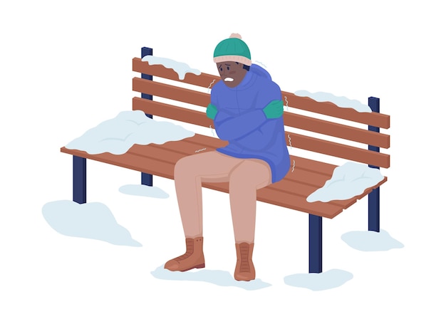 Homem frio ao ar livre personagem de vetor de cor semi plana figura congelando pessoa de corpo inteiro em branco ilustração de estilo de desenho animado moderno isolado de baixa temperatura para design gráfico e animação