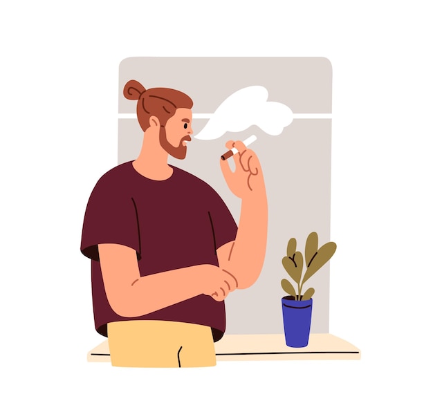 Homem fumando um cigarro de pé ao pé da janela em casa Fumante desfrutando de tabaco dentro de casa Homem viciado em nicotina com um mau hábito não saudável Ilustração vetorial plana isolada em fundo branco
