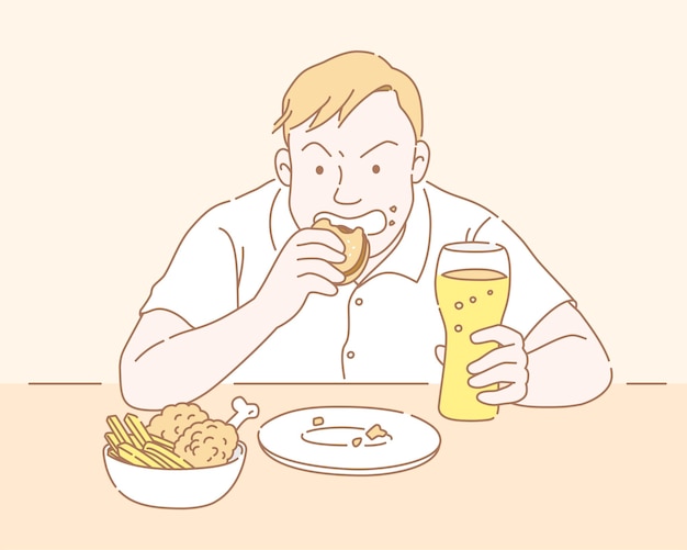 Homem gordo a comer fast food.