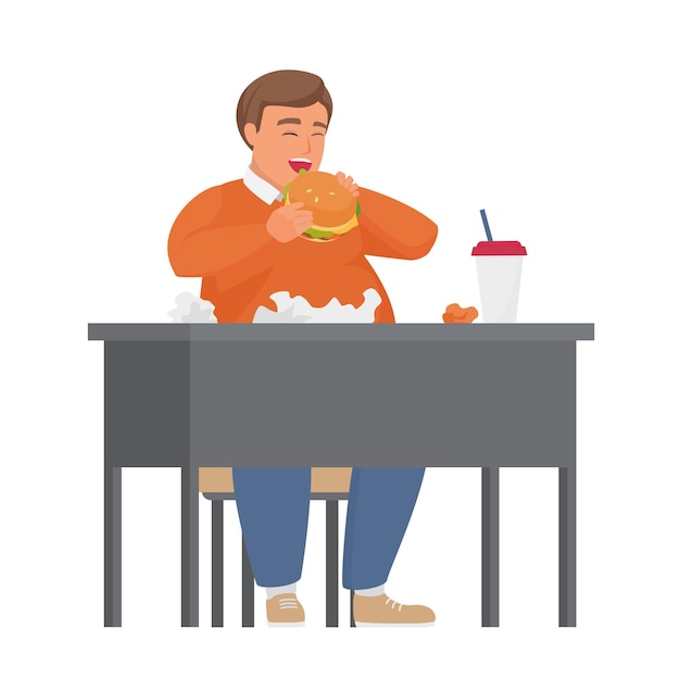 Homem gordo a comer junk food.