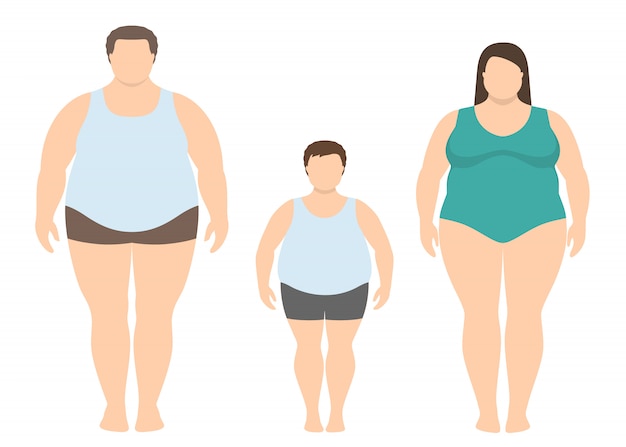 Homem gordo, mulher e criança em estilo simples. família obesa.