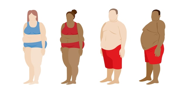 Vetor homem gordo mulher gorda pessoa obesa e com excesso de peso desequilíbrio hormonal diabetes dieta pouco saudável
