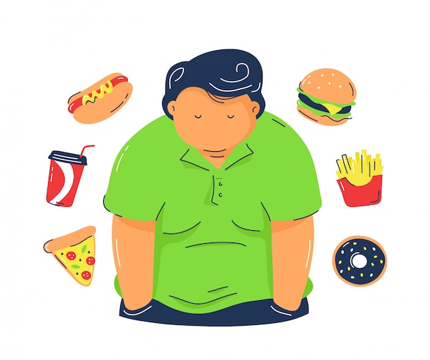 Vetor homem gordo obesidade com produtos de fast-food. ilustração de linha plana na moda. isolado no fundo branco. conceito de comida lixo saudável