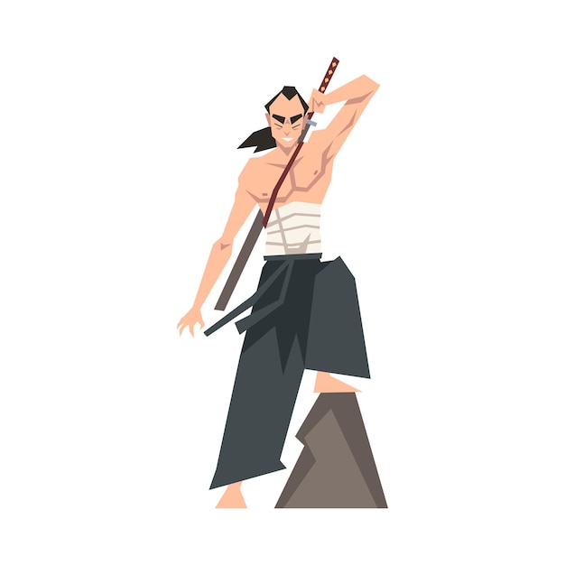 Vetor homem-guerreiro japonês corajoso com katana e hakama ilustração vetorial