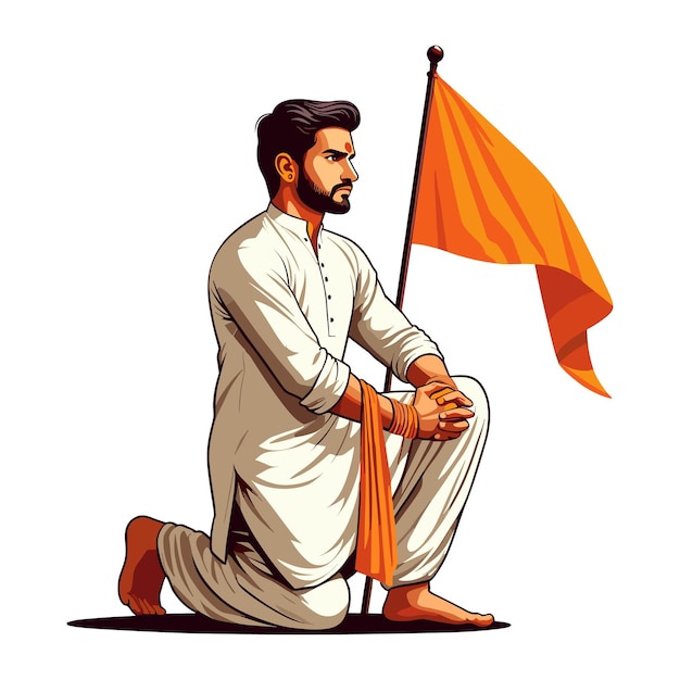 Vetor homem hindu com tilak laranja e tradicional dhoti e kurta uma bandeira de açafrão em sua mão vetor jay s