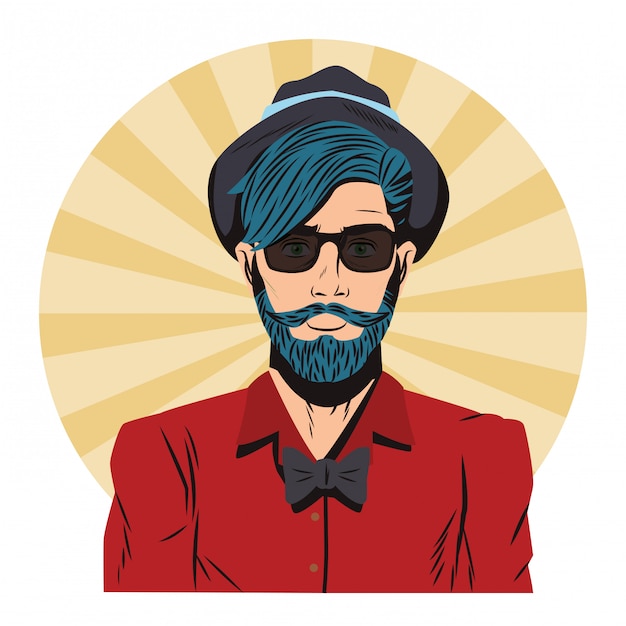 Vetor homem hipster, arte pop, caricatura