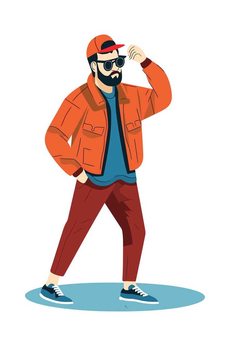 Vetor homem hipster com uma jaqueta vermelha óculos de sol e boné ilustração vetorial