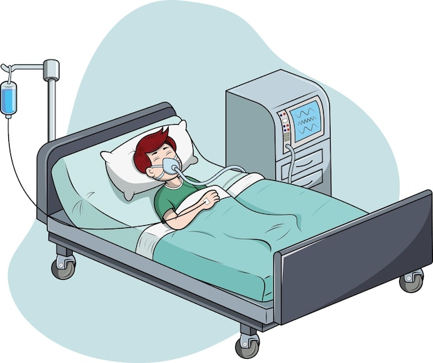 Homem hospitalizado por problemas respiratórios ilustração em estilo de desenho animado
