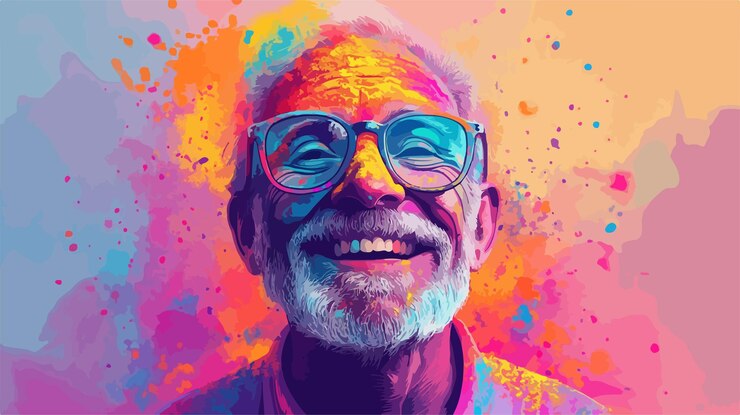 Vetor homem idoso alegre desfrutando do festival de holi com fundo isolado de pó colorido vibrante