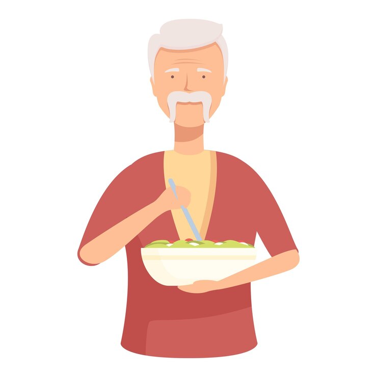 Vetor homem idoso desfrutando de uma refeição de salada