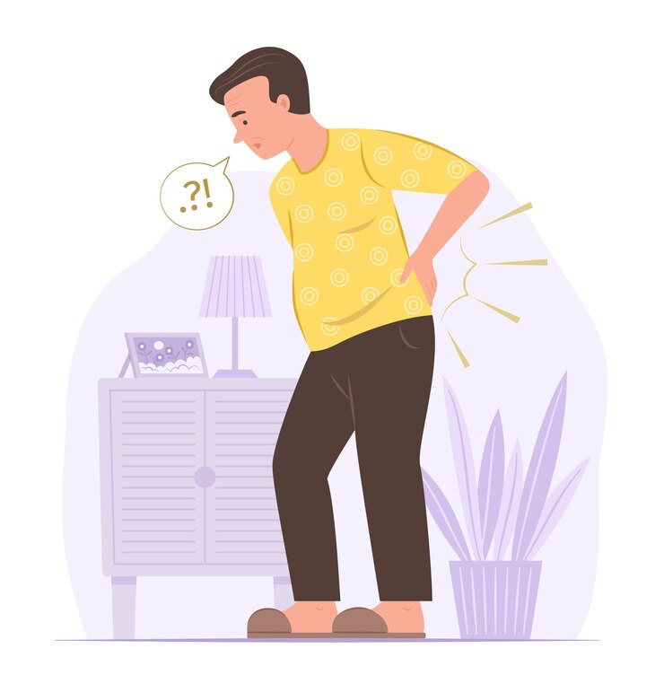 Homem idoso sofrendo de dor nas costas na área da cintura para ilustração do conceito de cuidados de saúde