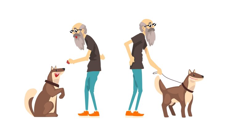 Vetor homem idoso solitário caminhando com seu cachorro set de ilustrações vetoriais de desenhos animados