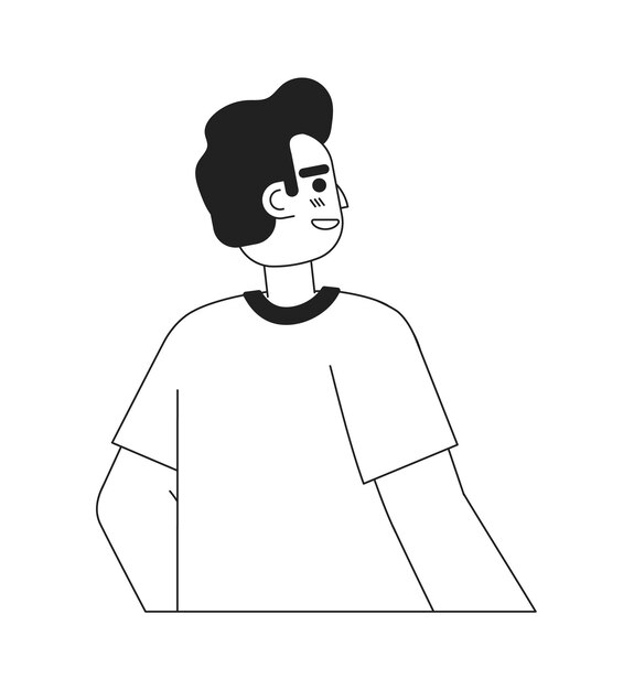 Homem indiano alegre com sorriso brilhante personagem de vetor plano monocromático cara hindu Humor satisfeito linha editável metade do corpo pessoa em branco Imagem simples de desenho animado bw para web design gráfico