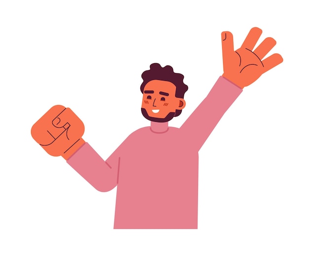 Vetor homem indiano alegre personagem vetor de cor semi plana mão levantando mostrar emoções pessoa feliz editável meio corpo pessoa em branco simples ilustração de local de desenho animado para design gráfico web