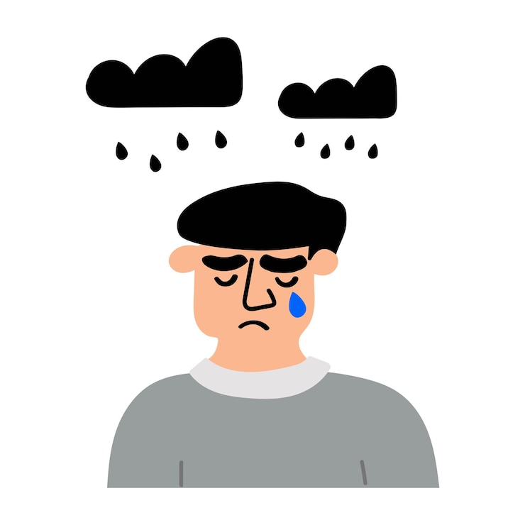 Vetor homem infeliz tristeza, depressão e solidão desenho plano ilustração vetorial em fundo branco