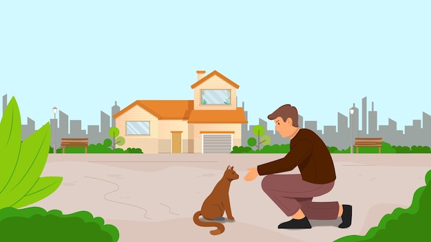 Homem interagindo com um gato na frente de uma casa