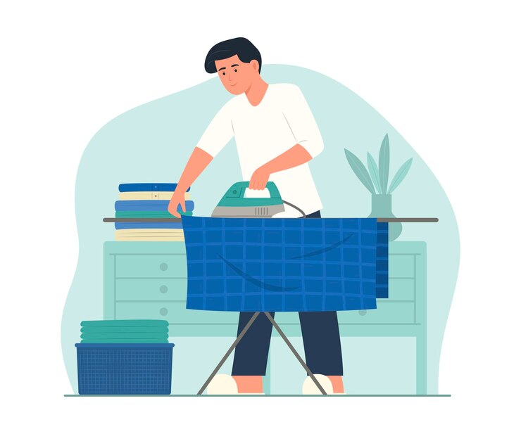 Vetor homem ironando roupas com ferro elétrico em casa para ilustração de conceito de trabalho doméstico