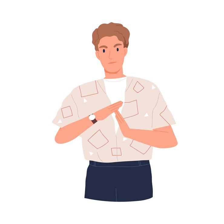 Vetor homem irritado mostrando sinal de pausa ou sinal de tempo de pausa com as mãos. comunicação não verbal. pessoa indicando tempo limite e prazo. ilustração em vetor plana colorida isolada no fundo branco.