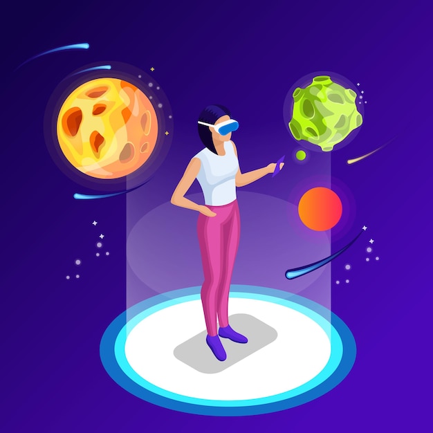 Vetor homem isométrico uma mulher em óculos de realidade virtual espaço isométrico e espaço com planetas