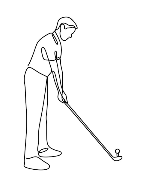 Homem jogando golfe on-line arte de linha única contínua