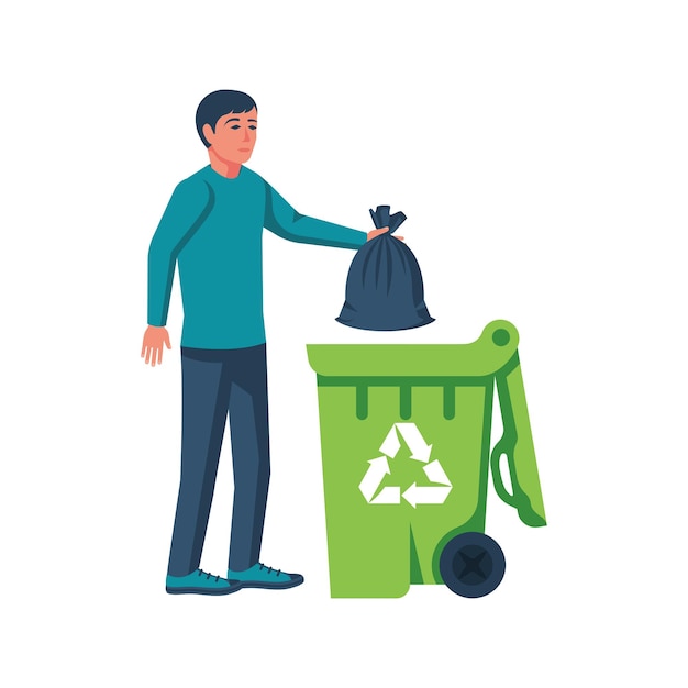 Homem jogando sacos de lixo em recipiente. Design plano de ilustração vetorial. Isolado no fundo branco. Lixeira com ícone de reciclagem. Marca ecológica.