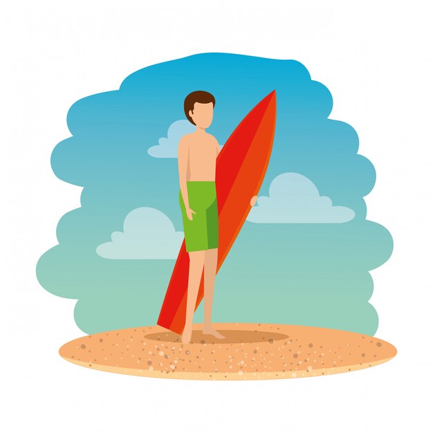 Homem jovem, com, swimsuit, e, surfboard, praia