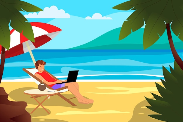 Homem jovem hipster com laptop na praia tropical Viajar férias na internet conceito de ilustração vetorial de trabalho freelance