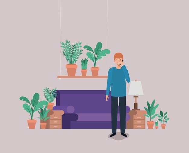 Homem jovem, ligado, a, livingroom, vetorial, ilustração, desenho