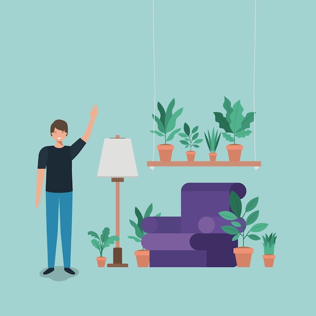 Homem jovem, ligado, a, livingroom, vetorial, ilustração, desenho