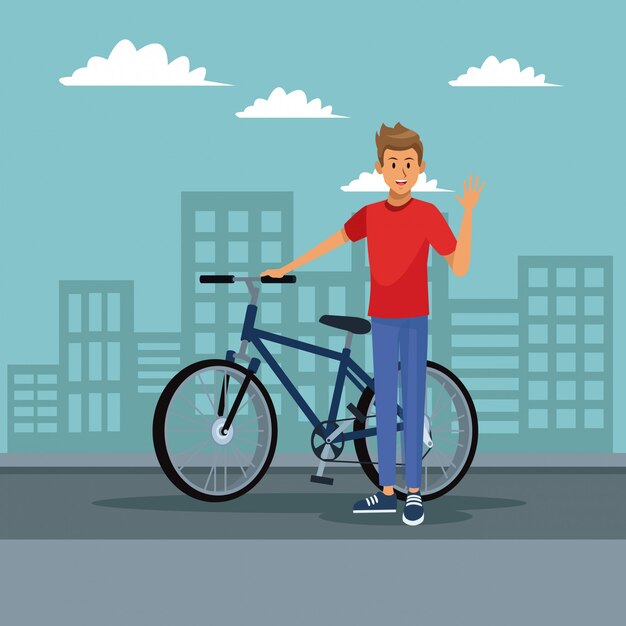 Homem jovem, montando uma bicicleta, em, cidade