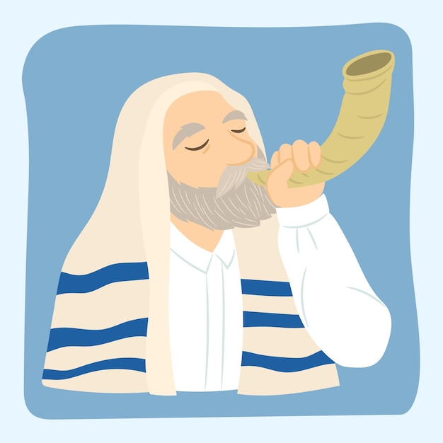 Vetor homem judeu tocando o shofar. símbolo religioso.